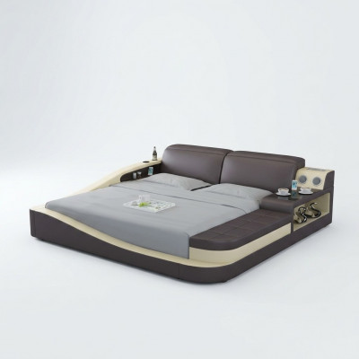 Multifunctioneel bed met Bluetooth-luidsprekers, luxe designleren bedden, hotel, nieuw tweepersoons.