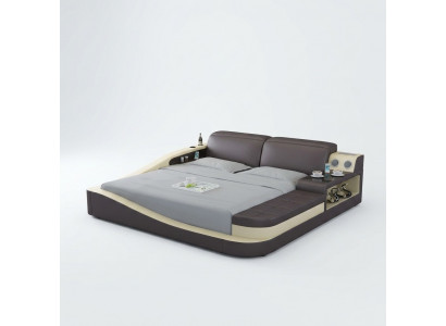 Multifunctioneel bed met Bluetooth-luidsprekers, luxe designleren bedden, hotel, nieuw tweepersoons.