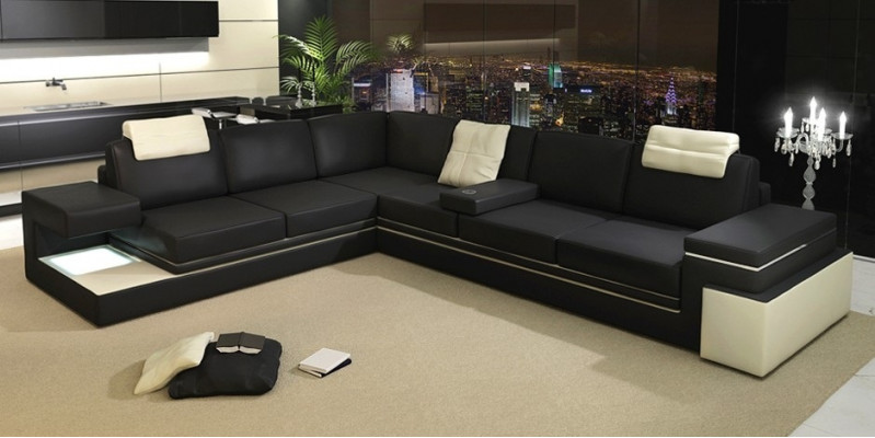 Moderne hoekbank ontwerp bank bekleding hoek leer textiel bank LED woonlandschap