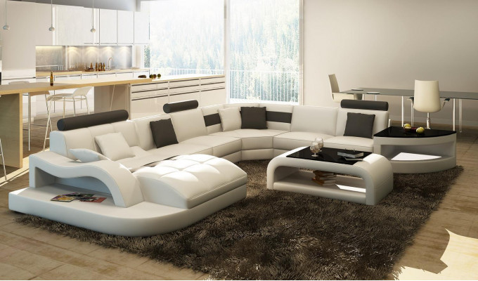 Multifunctioneel XXL grote lederen bank sofa met USB, hoek woonlandschap hoekbank bekleding
