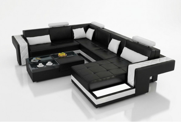 Ontwerp leren hoekbank hoekbank bankstel bank USB + LED woonlandschap