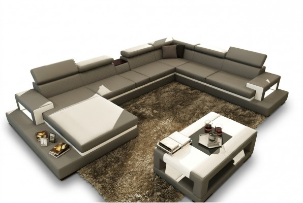 Leren bank met USB, hoekbank U-vorm bank woonlandschap designer zit hoek.