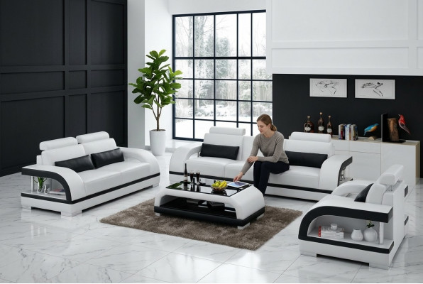 Designer Bankstel Leren bankstel Set 3+2+1 met USB-set Bank Bank Nieuw Wit