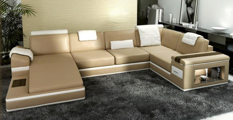 Hoekbank bank USB + LED woonlandschap U-vorm gestoffeerde bank ledersofa stof leer