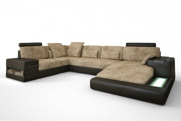 Hoekbank Bank Woonlandschap U-vorm Bekleding Bank Leren bank Stof Leer USB + LED