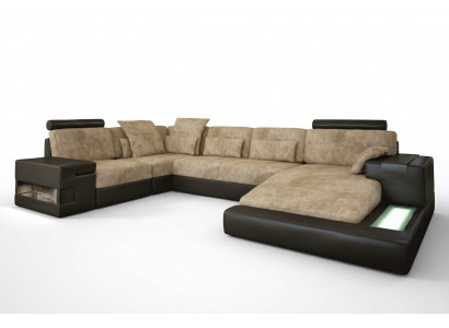 Hoekbank Bank Woonlandschap U-vorm Bekleding Bank Leren bank Stof Leer USB + LED