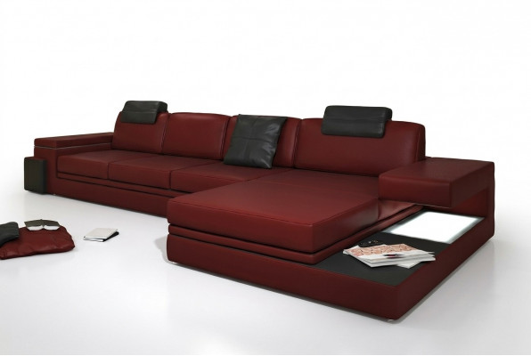 Rote design woonkamerbank stoffen sofa hoekopstelling textielbekleding LED + USB