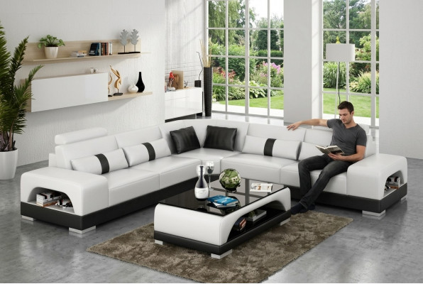 Hoekbank met USB, bank sofa woonlandschap zit hoekset bekleding leer textiel zandkleur.