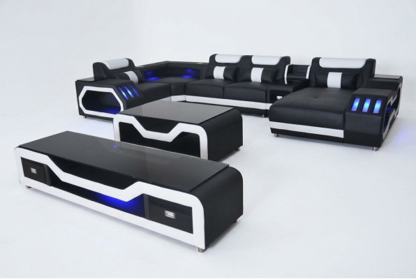 Leren bankstellen hoekbank ontwerp bank woonlandschap + salontafel + RTV USB nieuw