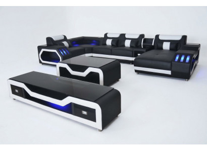 Leren bankstellen hoekbank ontwerp bank woonlandschap + salontafel + RTV USB nieuw