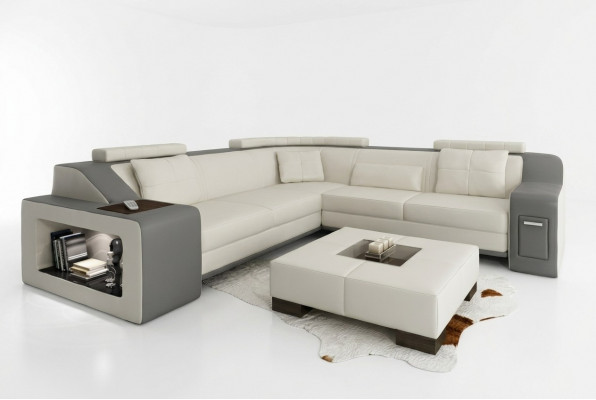 Hoekbank van leer en textiel bank met USB-bekleding woonlandschap L set zetel Isching.