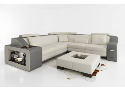 Hoekbank van leer en textiel bank met USB-bekleding woonlandschap L set zetel Isching.
