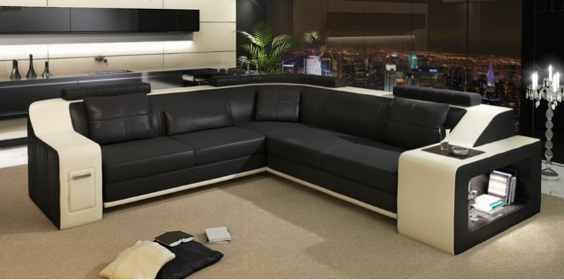 Hoekbank van leer en textiel bank met USB-bekleding woonlandschap L set zitplaats Isching.
