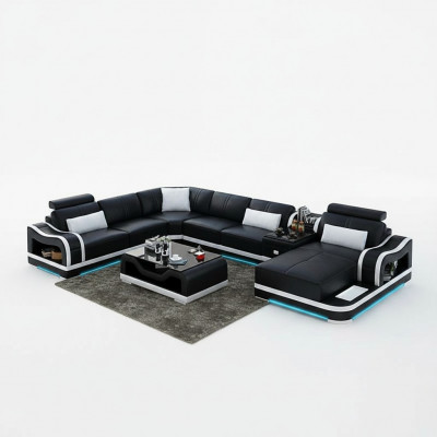 Ledersofa + USB Bank Woonlandschap Hoekbank Set Ontwerp Modern Bankstellen