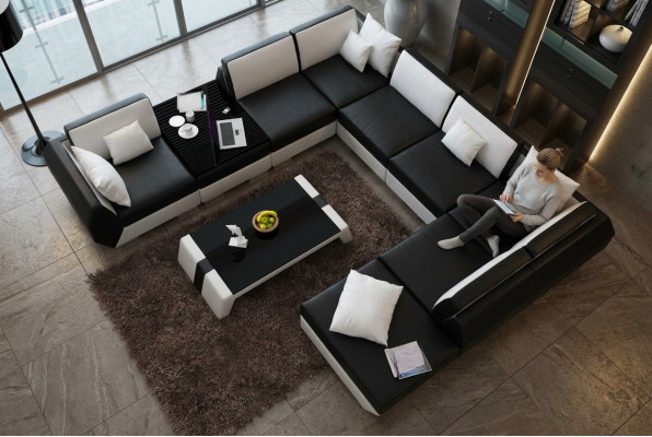 XXL Woonlandschap Leren bank Design Bekledingsset Bank Hoekbank Grote Bank +USB = XXL Woonlandschap Leren bank Ontwerp Bekledingsset Bank Hoekbank Grote Bank +USB