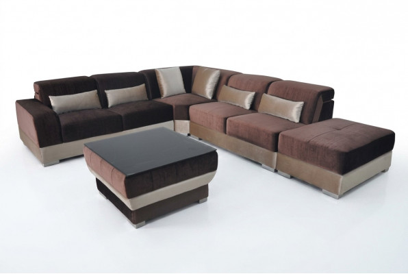 Leren hoekbank woonlandschap set ontwerpbank banken USB LED bruin + tafel