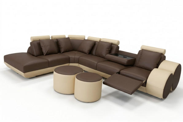 Grote hoekbank met USB-lederbekleding, hoeklandschap, gestoffeerde L-vorm met krukje.