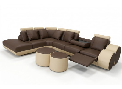 Grote hoekbank met USB-lederbekleding, hoeklandschap, gestoffeerde L-vorm met krukje.