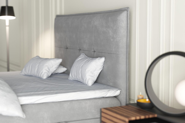 Boxspring bed hotel dubbel textiel grijs luxe bedden gestoffeerde bedlade functie.