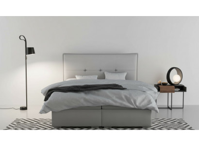 Boxspring bed hotel dubbel textiel grijs luxe bedden gestoffeerde bedlade functie.
