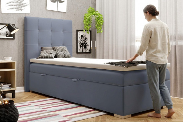 Luxe boxspring bed hotelbedden gestoffeerde functie- bedlade 90x200cm blauw nieuw