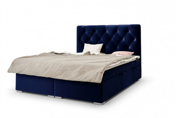 Boxspring Bed Hotel Dubbel Blauw Textiel Luxe Bedden Gestoffeerd Bed Opbergbox Functie
