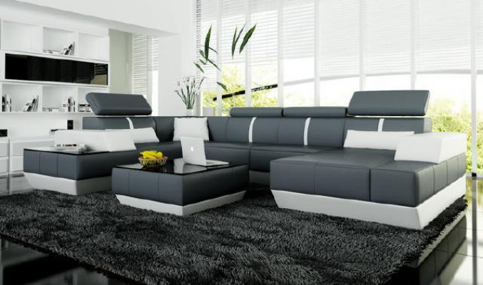 Ledersofa + USB Woonlandschap Bank Hoekbank Leren bank Poster Hoek Bank Nieuw