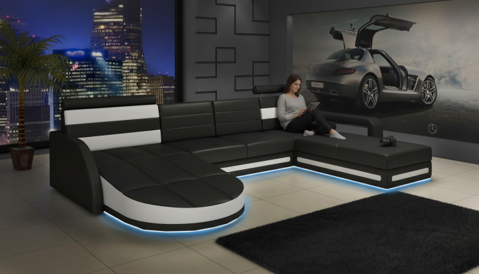 XXL WOONLANDSCHAP BANKSTEL DESIGN HOEKBANK Zwart LEDEREN BANK met USB Nieuw XXL WOONLANDSCHAP ZITBANK ONTWERP HOEKBANK Zwarte LEREN BANK met USB Nieuw