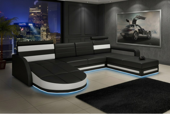 XXL WOONLANDSCHAP BANKSTEL DESIGN HOEKBANK Zwart LEDEREN BANK met USB Nieuw XXL WOONLANDSCHAP ZITBANK ONTWERP HOEKBANK Zwarte LEREN BANK met USB Nieuw