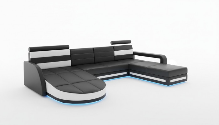 XXL WOONLANDSCHAP BANKSTEL DESIGN HOEKBANK Zwart LEDEREN BANK met USB Nieuw XXL WOONLANDSCHAP ZITBANK ONTWERP HOEKBANK Zwarte LEREN BANK met USB Nieuw