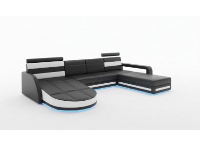 XXL WOONLANDSCHAP BANKSTEL DESIGN HOEKBANK Zwart LEDEREN BANK met USB Nieuw XXL WOONLANDSCHAP ZITBANK ONTWERP HOEKBANK Zwarte LEREN BANK met USB Nieuw