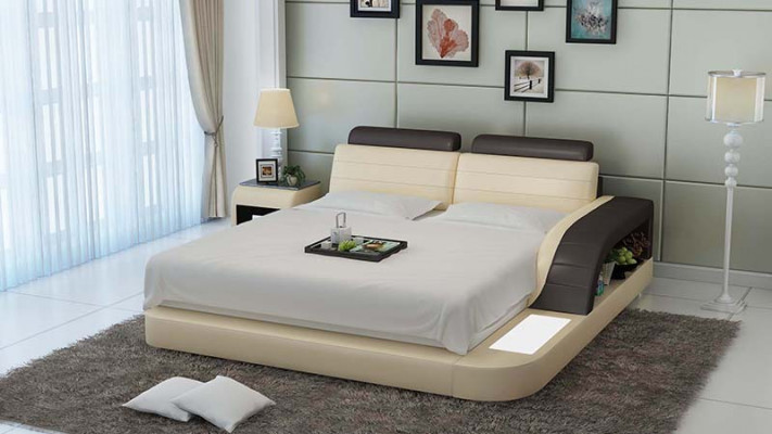 Modern slaapkamerbed met hoogwaardig design, beddengoed, en multifunctionele USB-aansluiting.