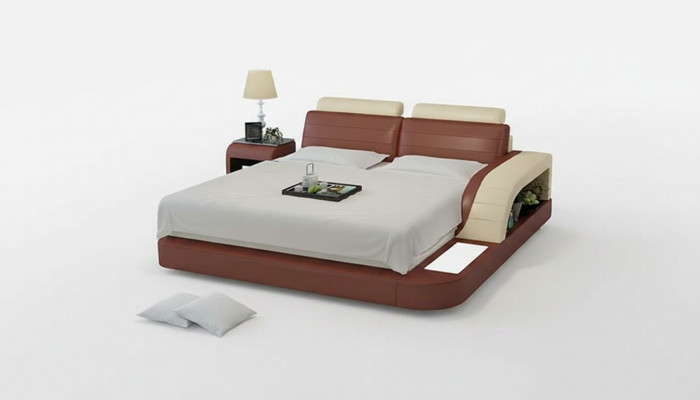 Modern slaapkamerbed met hoogwaardig design, beddengoed, en multifunctionele USB-aansluiting.