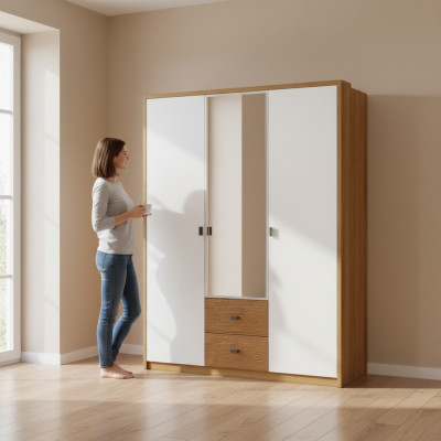 Ontwerp slaapkamerkast kledingkast Moderne kasten Hout 3-deurs. Spiegel