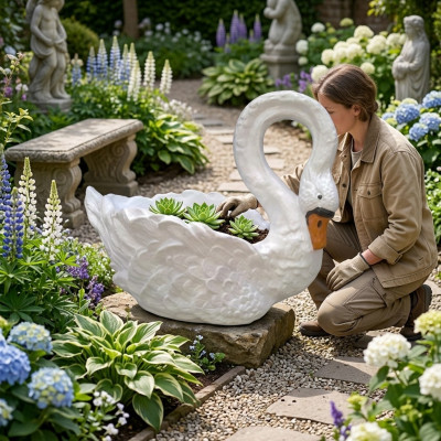 Zwaan decoratief standbeeld tuinfiguren standbeelden 54 cm levensgrote figuur kunststof