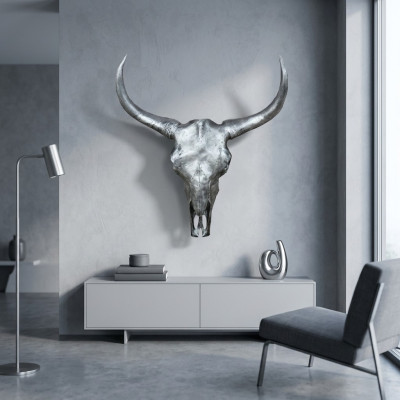 Zilveren stierenkop wandsculptuur hoogte 60 cm decoratief figuur wand