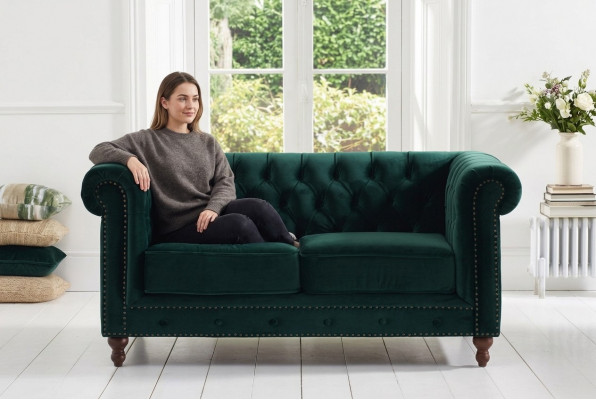 Britse Chesterfield Groene Driepersoons Bank - Luxe Leren Meubels