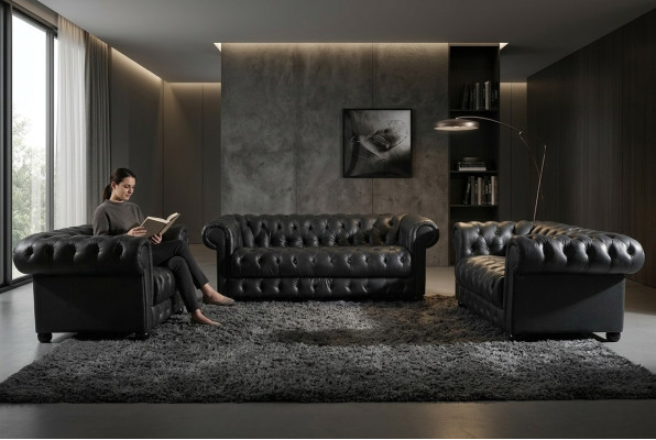 Chesterfield bankstel 3-zits designbank gestoffeerde bankstel set