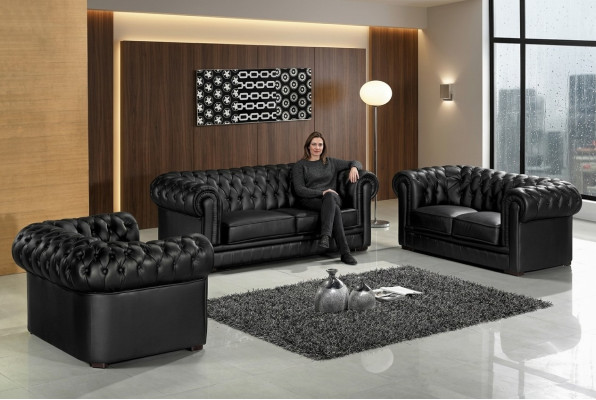 Bankstel Chesterfield Meubelbank 2-Zitsbank Set Bank Bekleding Bank Leer