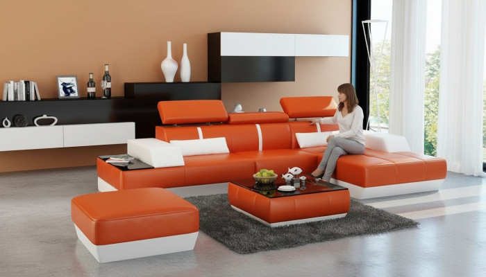 Moderne hoekbank L-vorm gestoffeerd zitgedeelte hoekbank + hocker