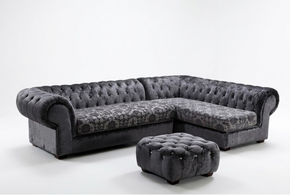 Klassieke Chesterfield stoffen L-vormige bank woonlandschap hoekbank set.
