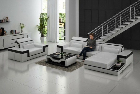 Woonlandschap hoekbank L-vorm fauteuil set garnituur moderne lederen bank