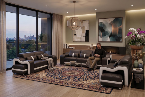 Ontwerper Zwarte bankstel 3+2+2 zits Luxe leren bankstel-set