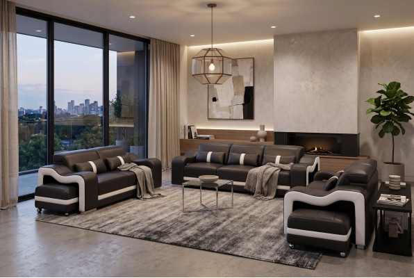 Ontwerper Zwarte bankstel 3+2+2 zits Luxe leren bankstel-set