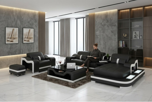 Woonlandschap hoekbank L-vorm fauteuil set garnituur decoratie modern bankstel leer