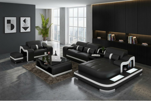 Woonlandschap hoekbank L-vorm fauteuil set garnituur decoratie modern bankstel leer