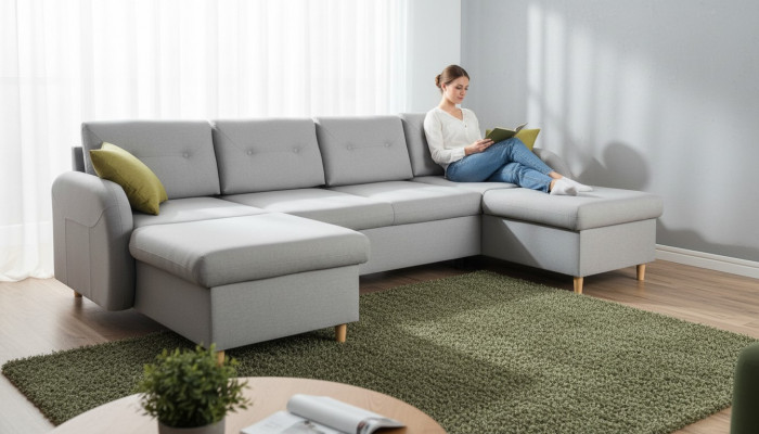 Woonlandschap hoekbank stof U-vorm slaapfunctie bank design decoratie bekleding