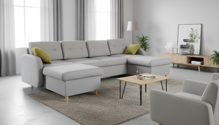 Woonlandschap hoekbank stof U-vorm slaapfunctie bank design decoratie bekleding