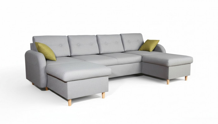 Woonlandschap hoekbank stof U-vorm slaapfunctie bank design decoratie bekleding