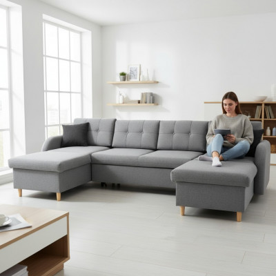Woonlandschap hoekbank stof U-vorm slaapfunctie bank decor ontwerp bekleding.